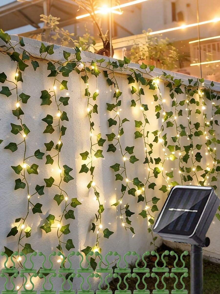 2/5/10m Luces solares de hiedra, 100 luces LED de vid artificial, luces de hadas de hojas de plantas falsas, decoración de vid y luces LED para dormitorio, hiedra artificial alimentada por energía solar - Hojas de seda realistas y material de alambre de cobre suave, estética minimalista, patrón de hiedra verde, luz suave y cálida, 8 modos de iluminación - Luces de hadas de cortina LED, adecuadas para decoración interior durante todo el año, valla de privacidad, pared