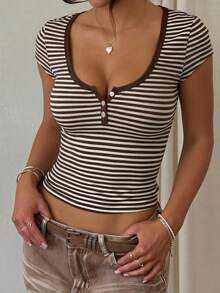 Spring/Summer New Colorblock Striped Collar Half-Placket Button Decor Short Sleeve Casual T-Shirt, Versatile For Home, Outdoor And Multiple Occasions - Brown - View 3