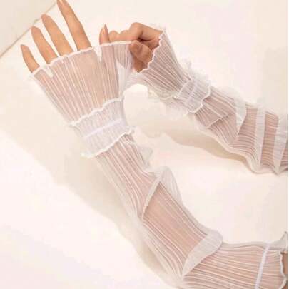 2pcs/Set Women's Pleated Sleeve Covers, Sheer UV Protection Sleeves, Vertical Pleats Create Flowing Drape, Breathable And Lightweight For Summer, Double Ruffle Design, Practical And Decorative, Elastic Cuffs Fit Most Arm Sizes,Travel,Festival