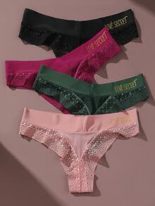 4 piezas Bragas tipo tanga sin costuras con encaje y letra LOVE para mujer, ropa interior sexy y transpirable de corte triangular - Multicolor - Ver 8