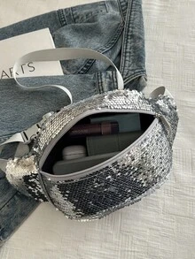 Túi đeo hông đính sequin bạc, túi đeo ngực đính sequin lấp lánh, túi đeo chéo phong cách dự tiệc, túi xách đa năng sang trọng màu bạc. - Bạc - Xem 5