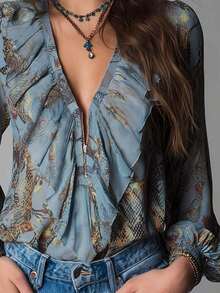Vintage French Resort Style Elegant Chiffon Allover Print Deep V-Neck Zipper Ruffle Lantern Sleeve Women Blouse, All-Over Allover Print Crinkle Ruffle/Frill Sheer Resort Vacation Summer - Lavender Blue - View 5