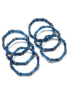 6pcs Set Of Deep Blue Bamboo Knot Resin Bangle Bracelets, Minimalist Elegant Accessories Suitable For Daily Wear And Artistic Outfits - Multicolor - View 4