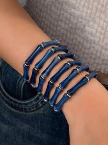 6pcs Set Of Deep Blue Bamboo Knot Resin Bangle Bracelets, Minimalist Elegant Accessories Suitable For Daily Wear And Artistic Outfits - Multicolor - View 1