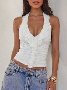 Áo hai dây nữ gợi cảm, thời trang, đa năng, kiểu cổ yếm, hở lưng, cổ chữ V sâu, thiết kế bèo nhún, mẫu mới cho mùa xuân/hè, thích hợp mặc đi chơi. - trắng - Xem 1