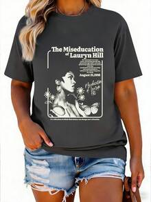 T-shirt rotonda personalizzata da donna, alla moda e versatile, adatta per le donne, design a maniche corte, top casual estivo grigio scuro - Grigio Scuro - Visualizzare 2