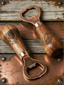 1个创意红木啤酒开瓶器，优雅图案，不锈钢开瓶器配木柄，垂直支架 - 查看 1