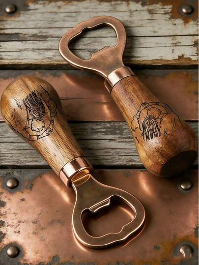 1pc Creative Rosewood Beer Bottle Opener, Elegant Pattern, Stainless Steel Opener With Wooden Handle, Vertical Stand