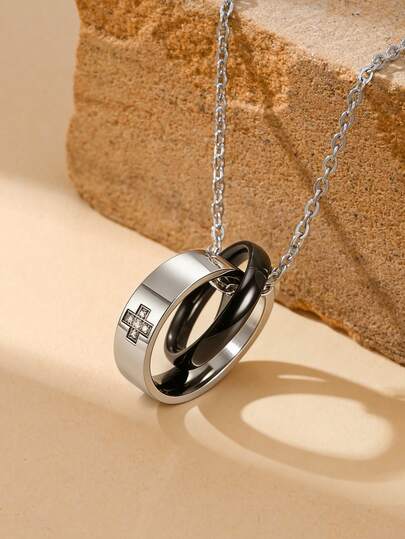 1件永恒之爱时尚双环镶嵌锆石吊坠项链，男士情人节礼物