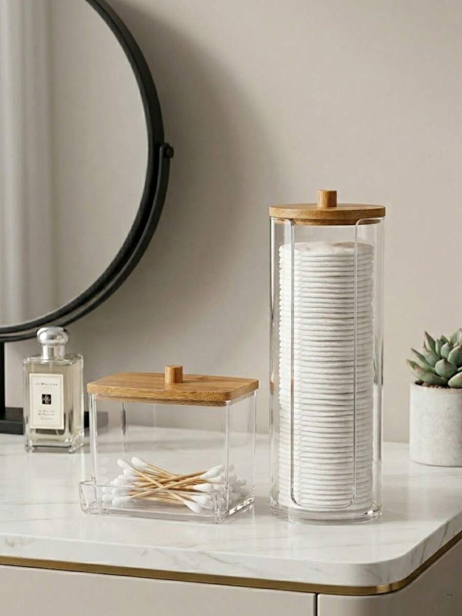 Acrylic Cotton Swab Holder Set With Bamboo Lid 2 Units Bathroom Decoration Organization - 無色 - 查看 1