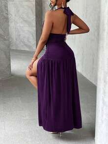 Elegant Romantic Sexy Party Deep V-Neck Halter Split Hem A-Line Long Dress,White Graduation Dress - 紫色 - 查看 2