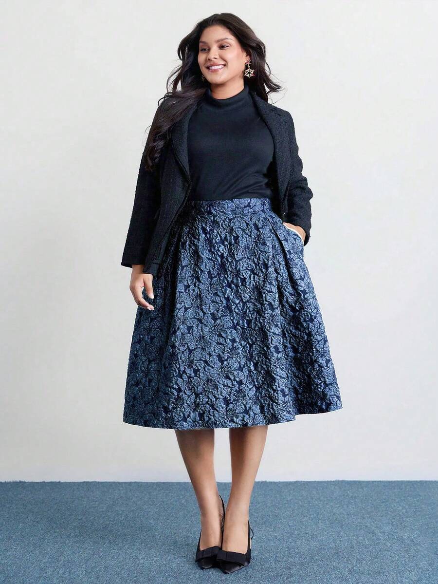 Chân váy jacquard thanh lịch cỡ lớn, dáng chữ A dài đến đầu gối, phù hợp cho công sở và đi làm, đa năng, có thắt lưng co giãn tạo sự thoải mái, thích hợp cho mùa xuân. - Màu xanh hải quân - Xem 1