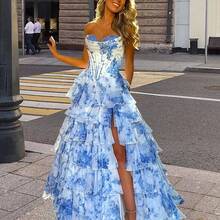 New Fashion Strapless Slim-Fit Tiered Dress With Pleats And Slit Evening Gown - 天藍色 - 查看 5