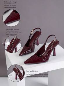 Women's Pointed Toe High Heel Shoes With Metal Buckle Strap And Open Heel Design - Burgundy - View 4
