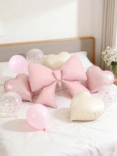 10pcs Large Pink Bow-Shaped Foil Balloons, 18-Inch Heart-Shaped Foil Balloon Set, 12-Inch Bow-Shaped Latex Balloons, Suitable For Wedding, Engagement, Anniversary, Princess Theme Party, Surprise Party, Birthday Party Decoration