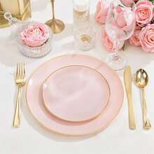 粉色单金边餐具，食物托盘，水果沙拉盘，餐盘，碟子，可水洗沙拉餐具，可重复使用，易于清洁。适用于婚礼装饰、圣诞节装饰、生日派对、家庭聚会、户外团队建设、学校、餐厅和厨房派对餐具，也是家庭学校的节日礼物。 - 粉色 - 查看 7