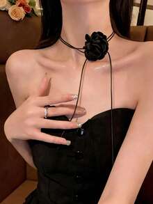 3件套优雅3D仿真山茶花项链，手工布艺花朵颈链 - 彩色 - 查看 4