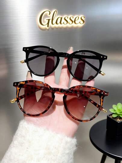 2 piezas de gafas de moda redondas de mujer con estampado negro y de leopardo, hechas de materiales de PC de alta calidad, estilo Y2K, accesorios de viaje y vacaciones, selección de temporada, gafas de moda, para usar en fiestas, verano, vuelta al cole, fiestas en la playa, estilo callejero, selfies, vacaciones.