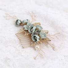 1. Lược cài tóc thủ công bằng chỉ vàng, màu xanh lá nhạt, đính hoa và ngọc trai dành cho nữ. - màu xanh lá - Xem 2