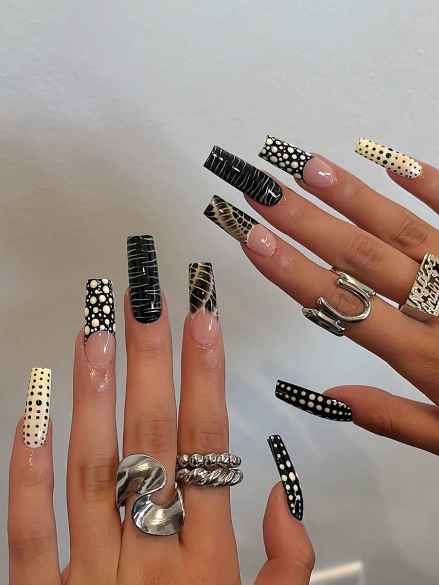 Hộp quà tặng 24 miếng dán móng tay acrylic hình chữ nhật, phong cách Punk Rock, Y2K Sweet & Cool Girl, họa tiết đá cẩm thạch trong suốt, họa tiết da cá sấu thời trang, chấm bi trắng sữa độc đáo, phụ kiện không thể thiếu cho các cô gái, bao gồm 1 gel dán và 1 dũa móng. - Nhiều màu - Xem 1