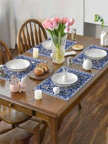 1 pieza Camino de mesa de lino con estampado floral azul, disponible en múltiples tamaños, adecuado para comedor del hogar, decoración de cocina, decoración del hogar, fiesta al aire libre y decoración de restaurantes, con apariencia de lino texturizado - Multicolor - View 7