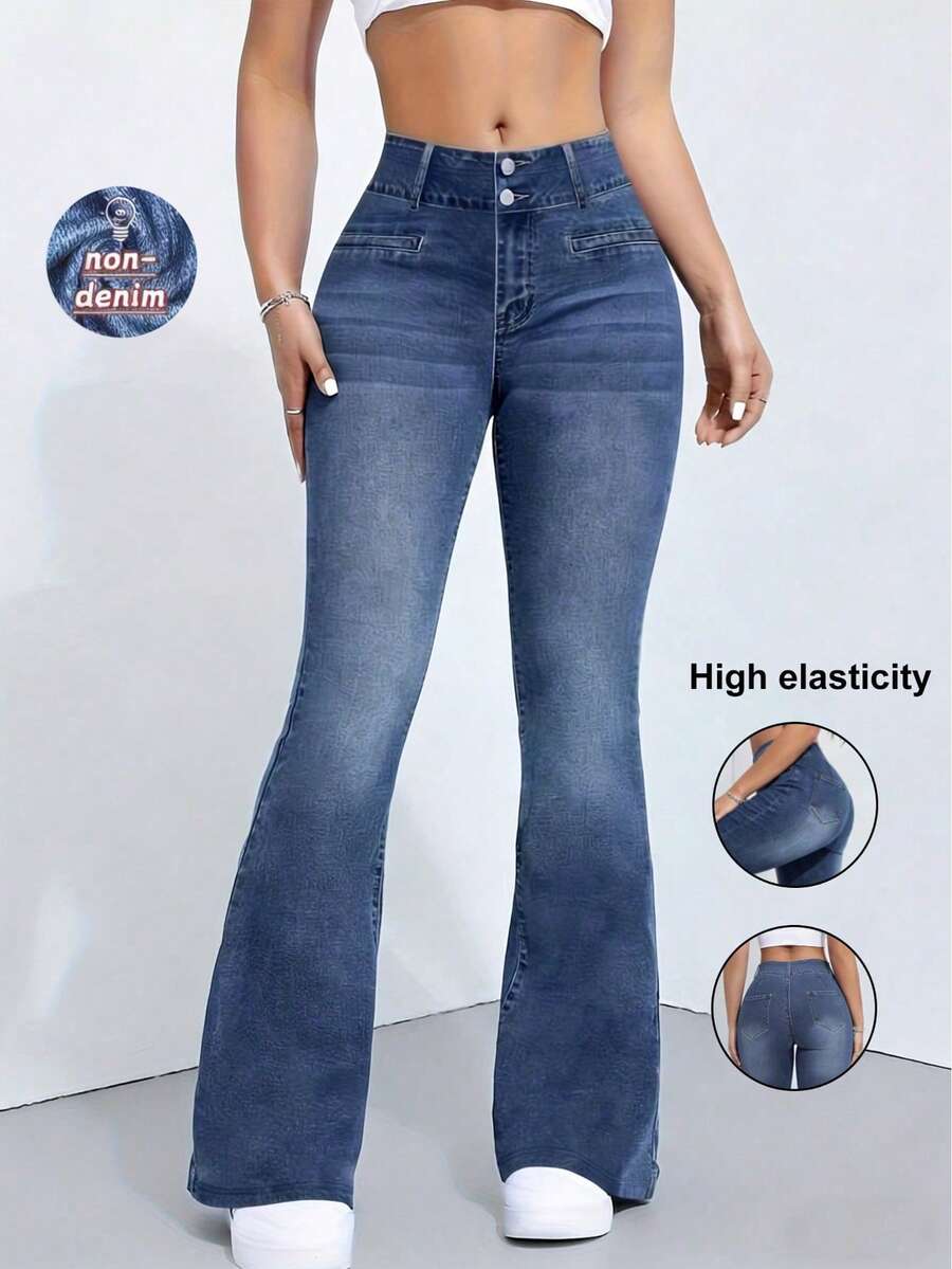Pantalones de pierna acampanada de cintura alta para mujer, con apariencia de mezclilla sintética, pantalones para exteriores con bolsillos y botones falsos - Azul - Ver 1