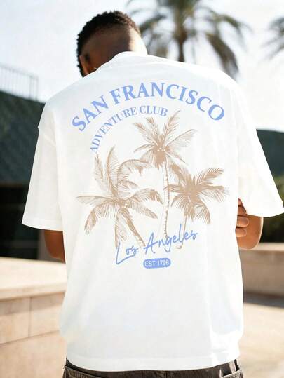 Men's Summer Casual West Coast Resort Style, College Club Vibe, Minimalist Leisure, Palm Tree Print Round Neck Short Sleeve T-Shirt, Suitable For Home, Outdoor, City, Regular, , Street, Leisure, Youth, Simple, Campus, Retro, Natural, Versatile, Texture, Elegant, Personality