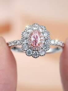 Vanel 1pc Oval Cut Pink Cubic Zirconia Ring, Floral Double Band Ring, Elegant Jewelry Gift, Suitable For Daily Wear And Parties - Multicolor - View 1