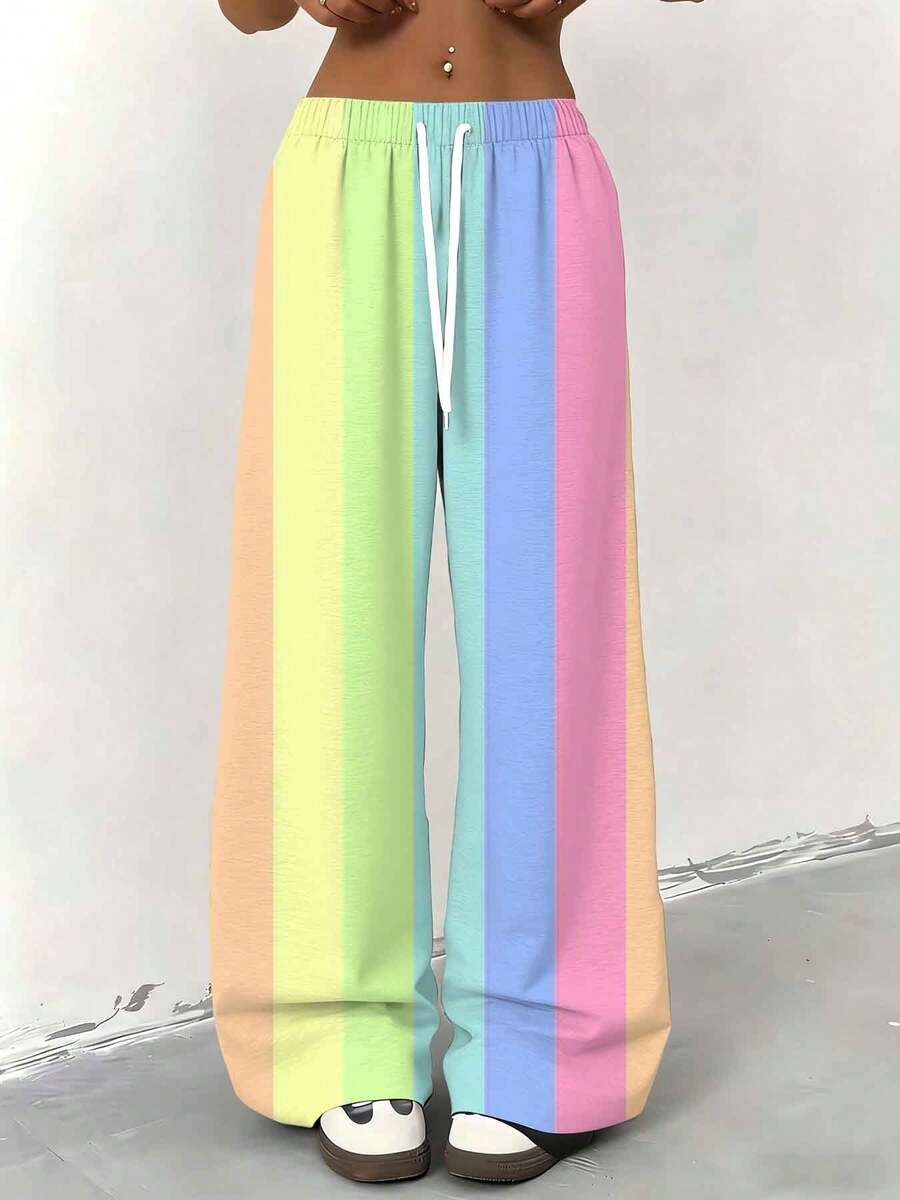 Womens Summer Wide Leg Pants Rainbow Stripe Fashion Loose Casual Style Everyday Gift Womens Clothes Suitable For Casual Sportswear 250g - Nhiều màu - Xem 1