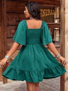 Bohemian Embroidered Square Collar Ruffle Sleeve Women Short Dress Elegant Summer - Green - View 5