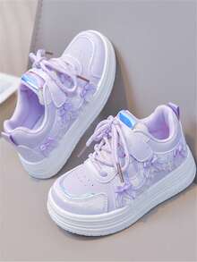 1 Pair Girls' Spring/Autumn New Flat Shoes With Bow Decor, Cute PU Design, Girls' Outdoor Non-Slip Durable Flat Sports Shoes, Suitable For All Seasons, School Style - Purple - View 3