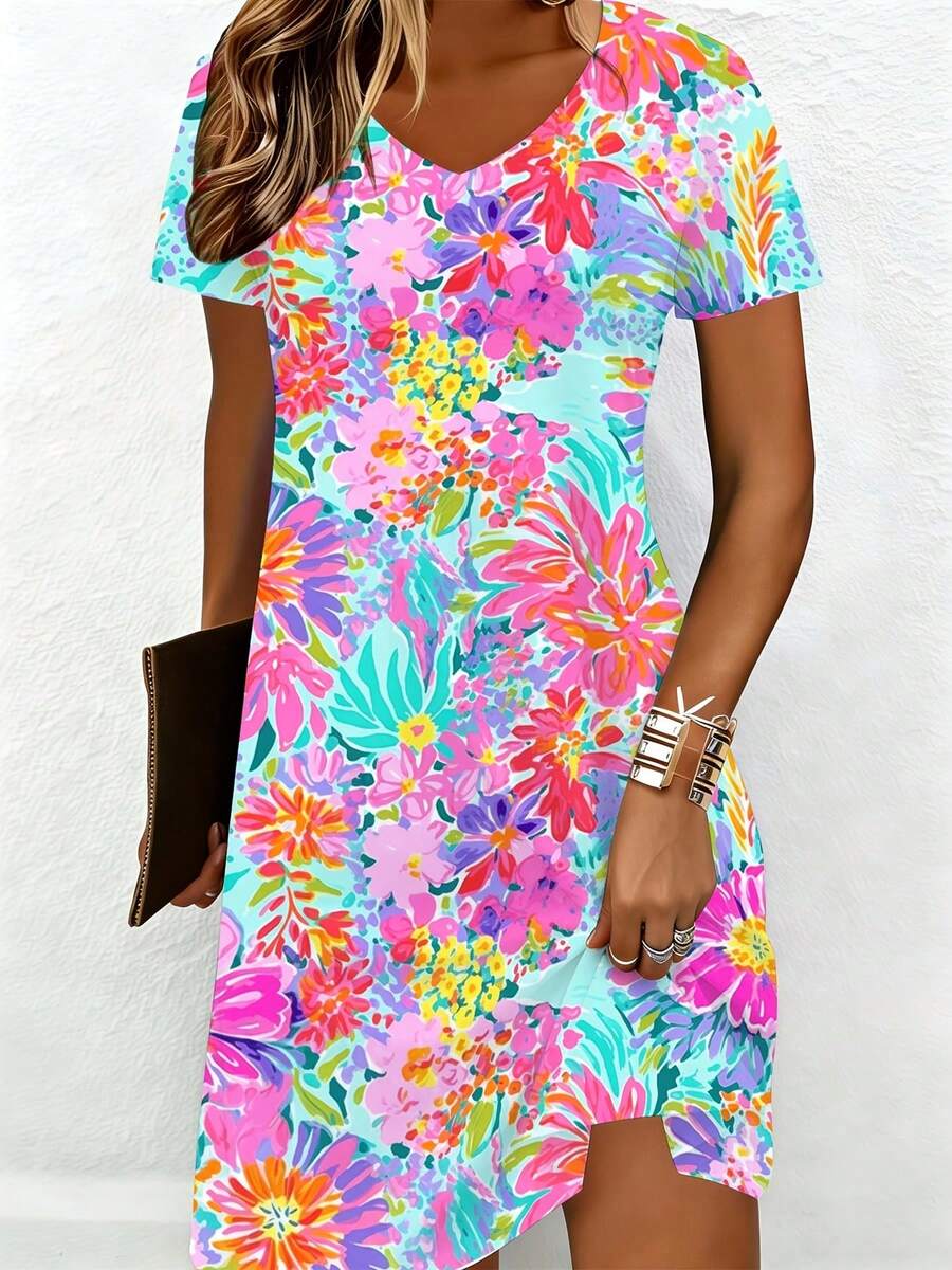 Colorful Floral Print Summer Dress With Short Sleeves And V Neckline Featuring Vibrant Pink Purple Orange And Blue Flowers On A Light Background - 彩色 - 查看 1