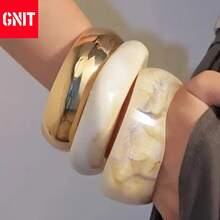 GNIT 3pcs/1pc Exaggerated Asymmetrical Resin Semi-Transparent Bracelet Set For Women, Versatile - Timi + Twisted Rice + Golden Wide Round - View 2