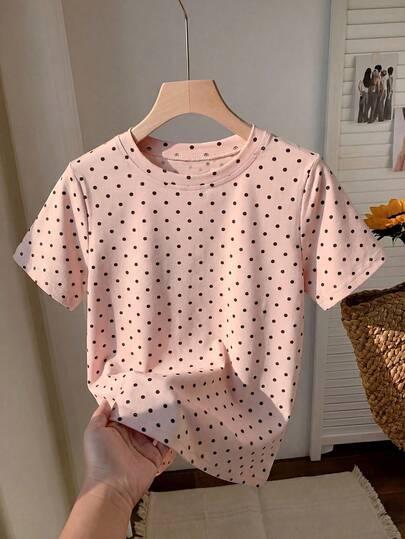 女童可爱休闲粉色波点圆领短袖上衣，春夏款