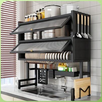 Dish Drying Rack Utensil Storage Cabinet Kitchen Over The Sink 33.46in 2 Tier