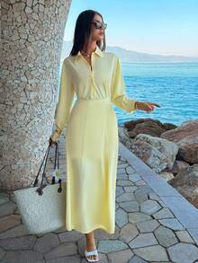 Conjunto de 2 piezas de camisa elegante casual y falda de cintura de unicolor para mujer, adecuado para citas, San Valentín, cumpleaños, cenas, ir al trabajo y otras ocasiones de primavera - Amarillo - Ver 11
