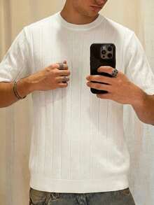 Jersey de punto de cuello redondo de manga corta acanalado para hombre, primavera/verano - Blanco - Ver 10