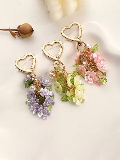 1pc Romantic Heart Flower Keychain, Colorful Enamel Cherry Blossom Pearl Pendant, Fresh Pear Blossom Keychain, Bag Charm, European And American Valentine's Day/Birthday Gift, Exquisite Accessory