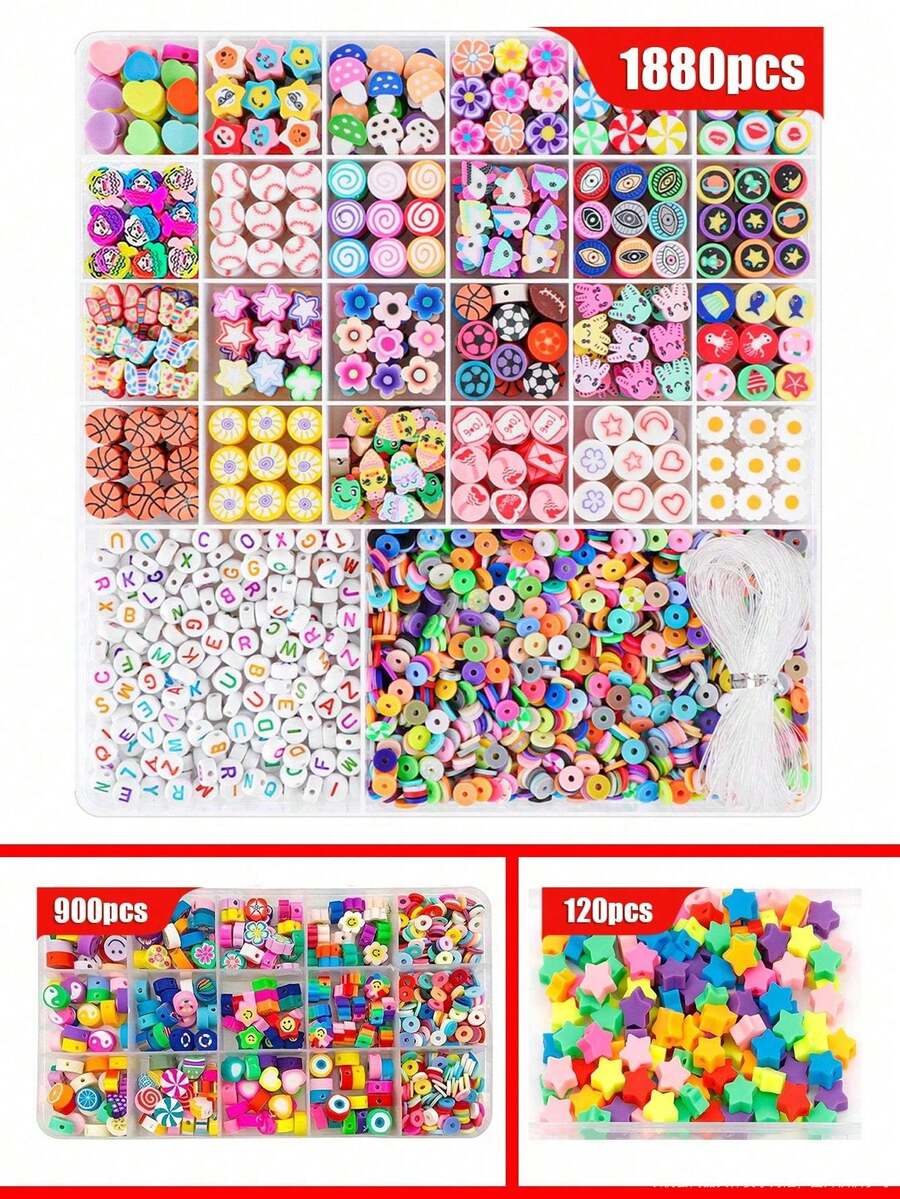 1包/15颗/26颗聚合物粘土珠手链饰品制作套装，120颗/900颗/1880颗随机卡通软粘土珠，花朵、水果、动物隔珠，适用于DIY饰品、手链、耳环、工艺品，是送给女孩的绝佳礼物 - 彩色 - 查看 1