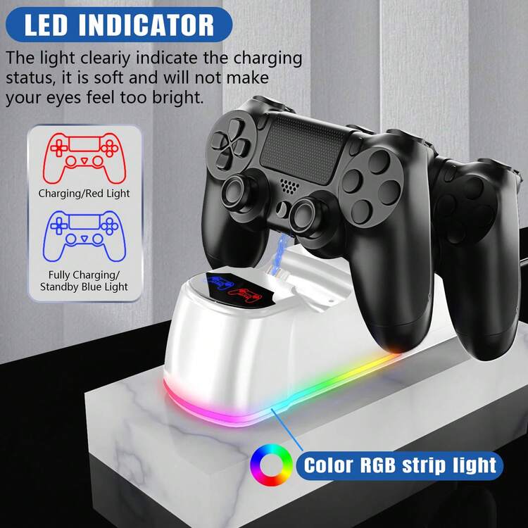 Trạm sạc kép RGB cho tay cầm P4/P4 Slim/P4 Pro, đế sạc nhanh 1.8H với đèn LED báo hiệu, bảo vệ quá tải, giá đỡ sạc nhanh kép với đèn RGB, tương thích với 4 tay cầm. - Xem 4