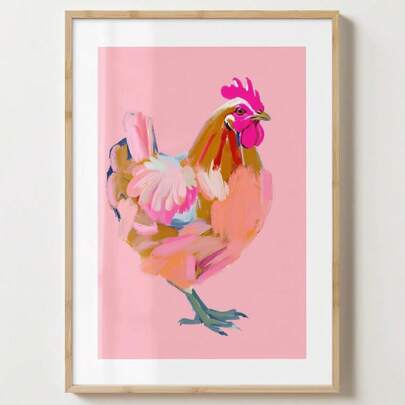 1幅极简主义鸡/动物墙面艺术印刷品，抽象鸡海报，柔和水墨画，现代美学装饰画，客厅装饰