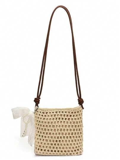 LECEY Túi đeo chéo dệt móc kiểu Bohemian mềm mại với nơ lưới và trang trí ngọc trai - Túi đeo vai phong cách tự nhiên thường ngày