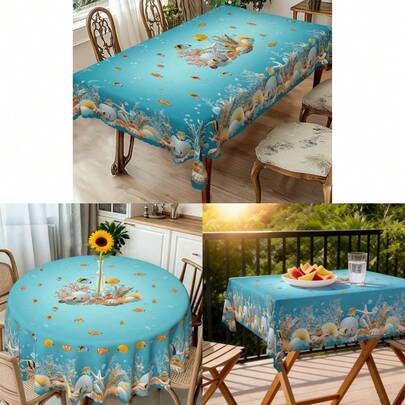 1pc Blue Coral Ocean Series Tablecloth, Self-Adhesive New Year Summer Ocean Decor Fish Tablecloth, Dining Room Kitchen Accessories Tablecloth, Holiday Party Decor, Outdoor Decor, Birthday, Wedding Theme Decor