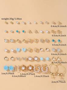 30 paires de boucles d'oreilles mode assorties, fleurs mignonnes, cœurs, combinaison de boucles d'oreilles minimalistes à motifs papillons, convient pour le décontracté, les voyages, les vacances, les cadeaux - Multicolore - Voir 6