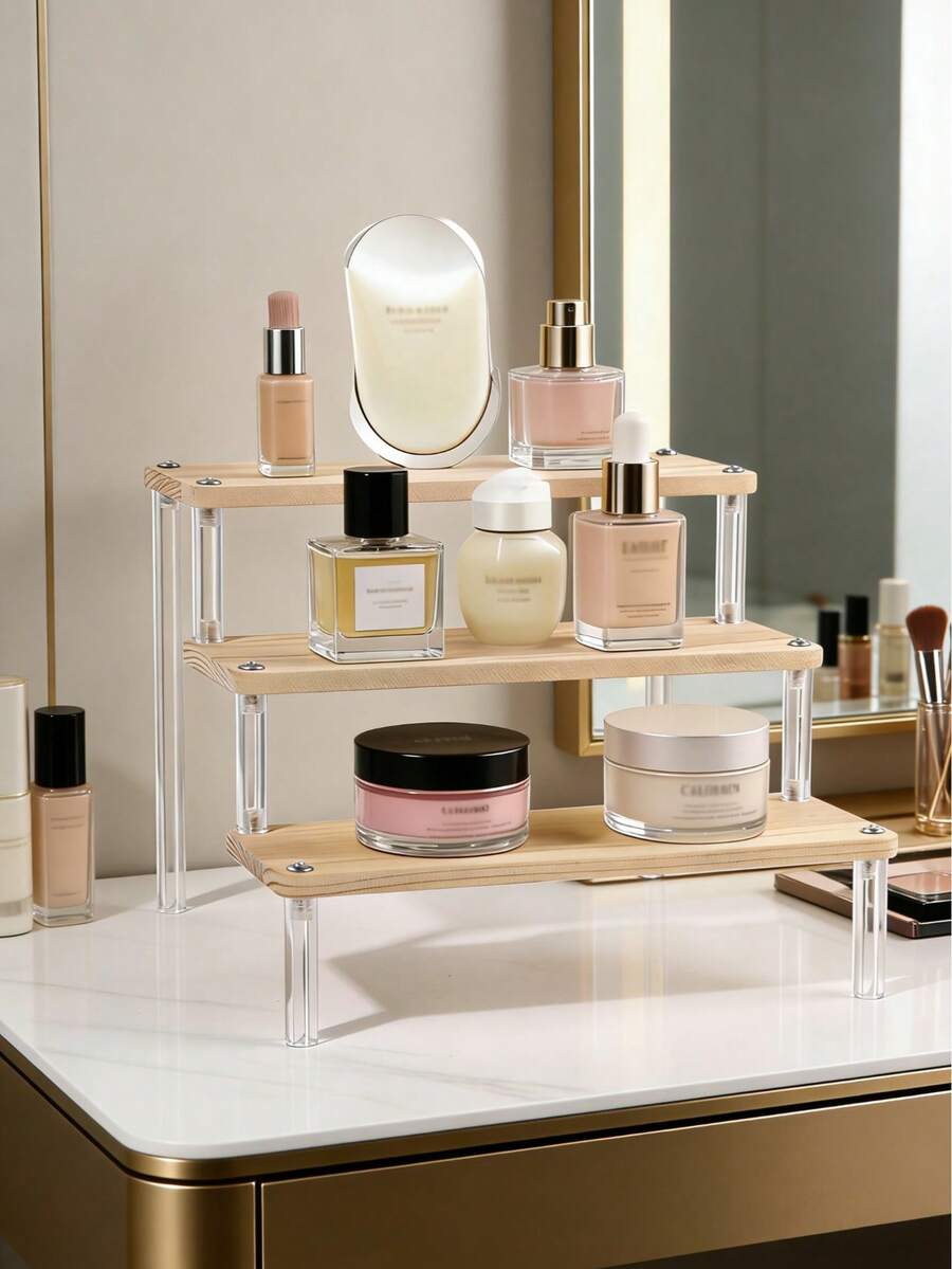 1 chiếc kệ trưng bày bằng gỗ acrylic 2/3 tầng, giá đỡ trưng bày bằng acrylic trong suốt, kệ gỗ nhiều tầng, giá đỡ kiểu thang bậc dùng để trưng bày bánh cupcake, nước hoa, tượng nhỏ, đồ sưu tầm. - Trong sáng - Xem 1