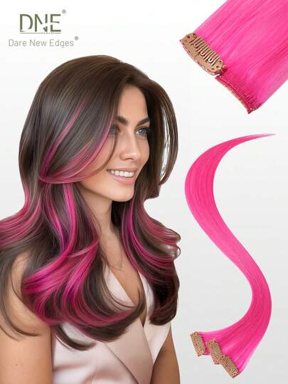 DNE HAIR Tóc nối kẹp màu sắc, 100% tóc thật, dài 18 inch, 3 miếng, màu hồng, thẳng, highlight, nhiều màu sắc, tóc nối cầu vồng phù hợp với mọi loại tóc và tín đồ thời trang.