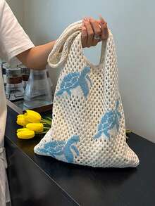 休闲卡通海龟针织单肩包镂空针织沙滩包米棕色大容量水桶包女士大容量钩针手提包海龟韩版镂空编织包轻便针织手提包沙滩包 - 藍色 - 查看 10