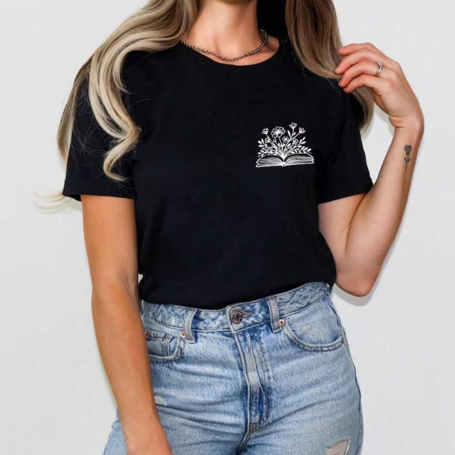 Book & Flowers Shirt - Booklover T-Shirt With Flowers And Book Illustration _ Cozy Reader Tee _ Gift For Book Fans _ Hand - màu đen - Xem 1