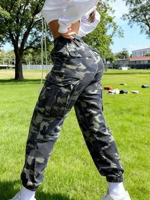 Y2K风格女士迷彩工装裤，高腰宽松长裤，复古休闲街头风度假裤装 - 綠色 - 查看 1