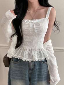Women's Sleeveless Top With Bowknot Front Design, Floral Print, Solid Color, Spaghetti Strap, Spring/Summer Casual White - White - View 5